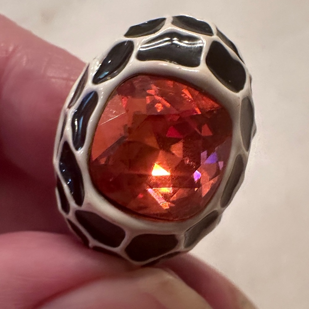 Kenneth Jay Lane Gold Ring with Pink  Gemstone and Black Pattern